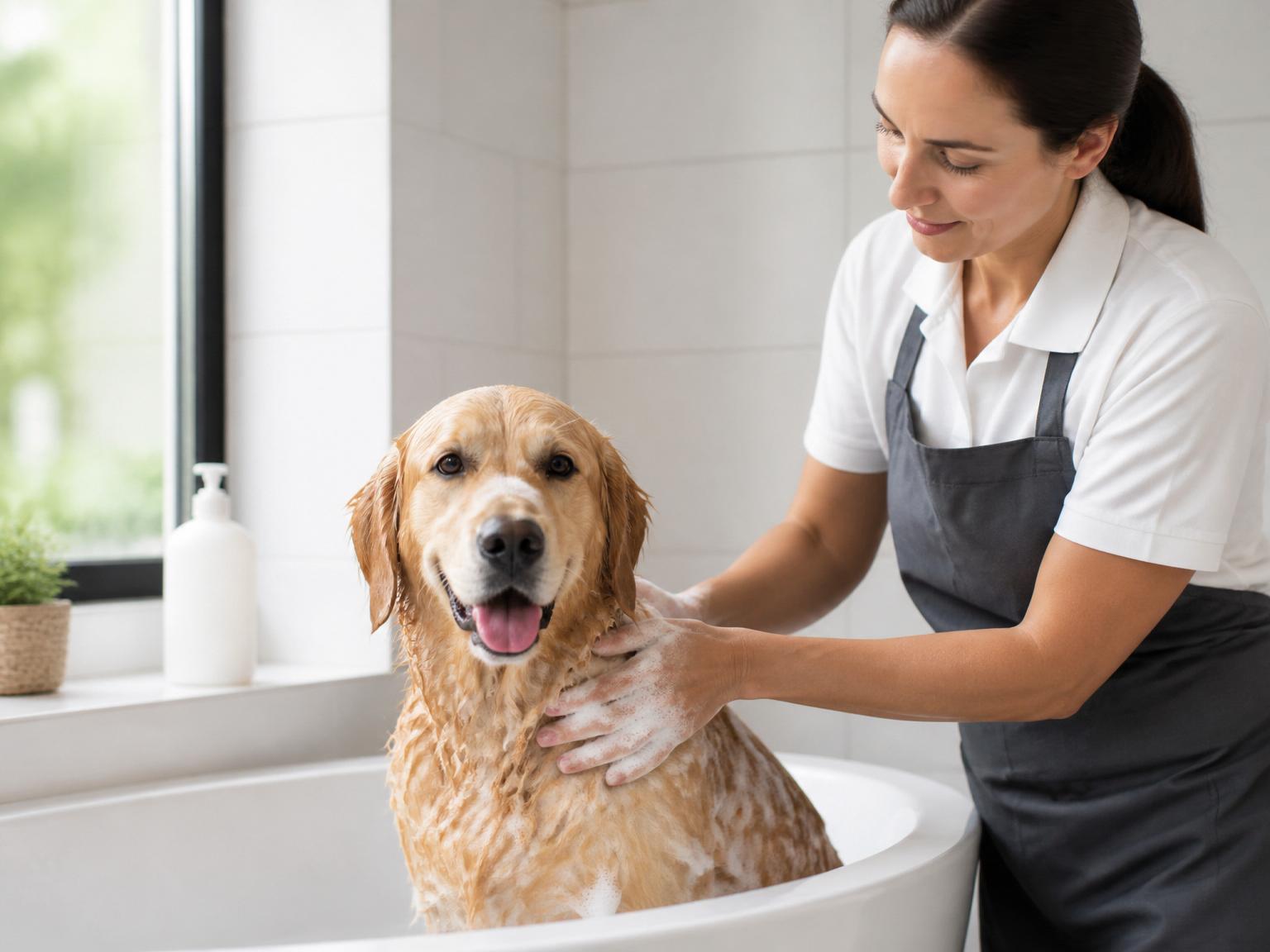 Profesional bañando a un perro en una bañera doméstica con luz natural